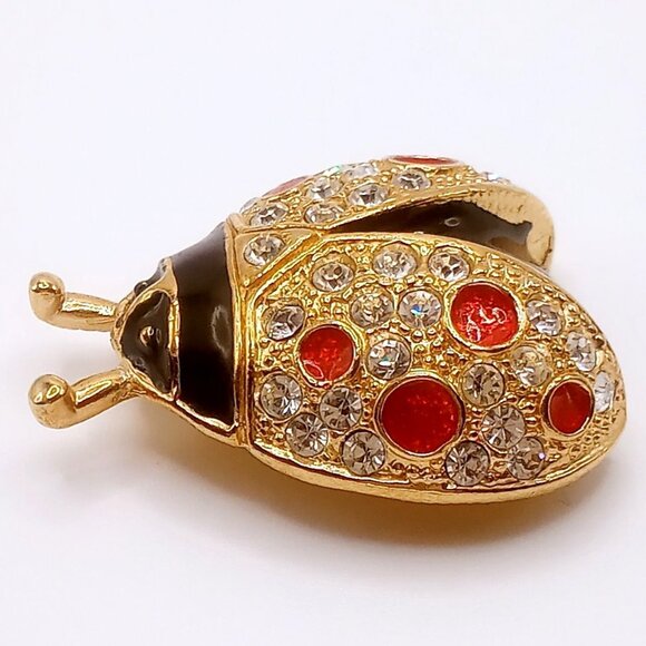 Roman Ladybug Brooch Gold Tone Black Red Enamel White Rhinestone Lapel Pin VTG - Picture 4 of 11